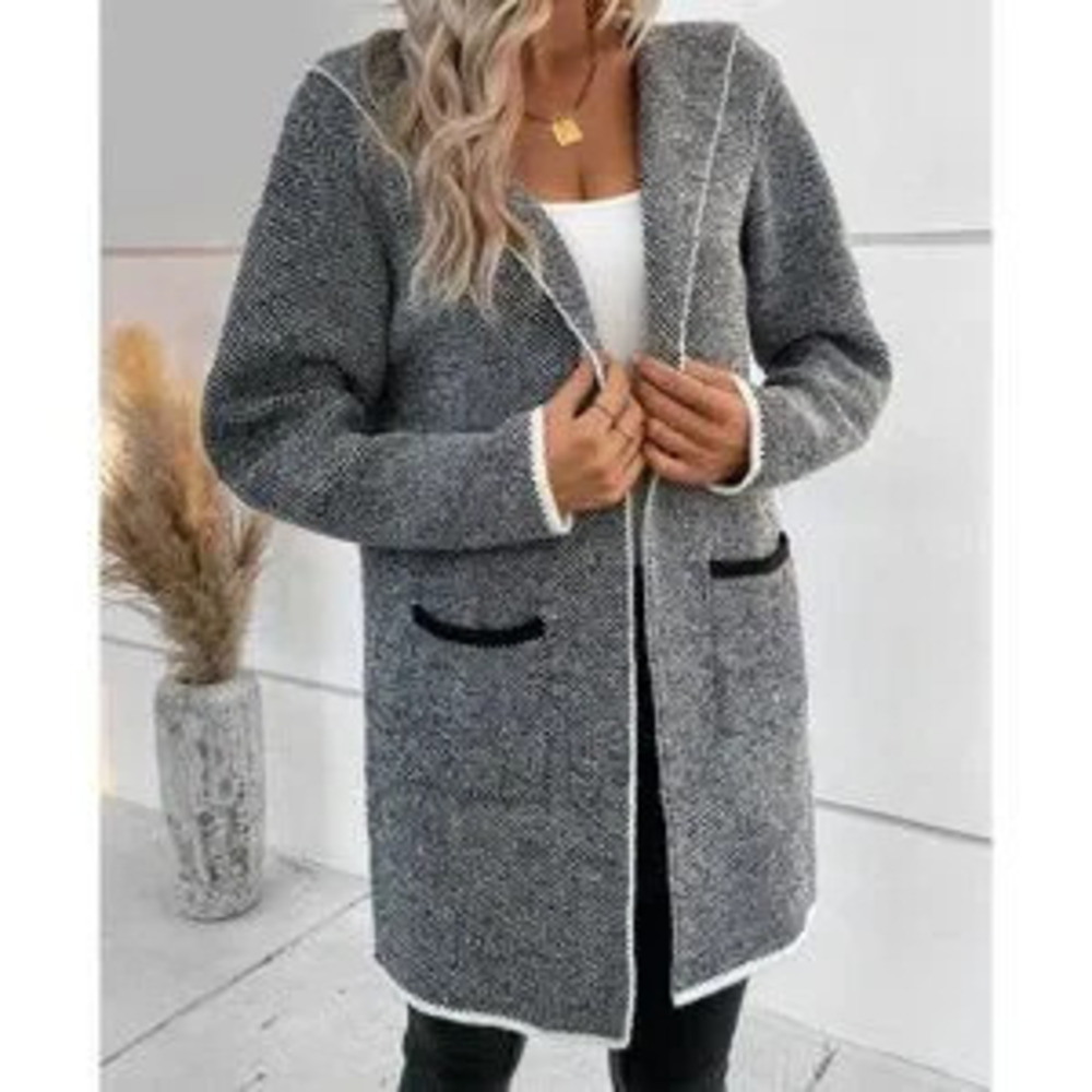 Pocketed Hooded Black Binding detailed knit sweater Cardigan